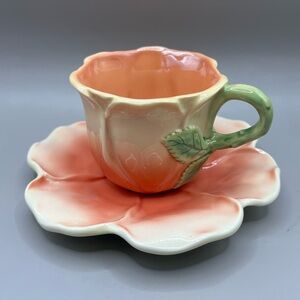 Porcelain Peachy Pink Rose Flower Teacup And Saucer Set
